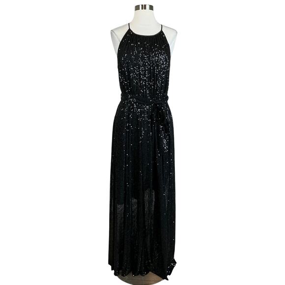DKNY Sequined Halter Maxi Dress Size 8 Black Sequined Sleeveless Long Formal - Picture 1 of 14